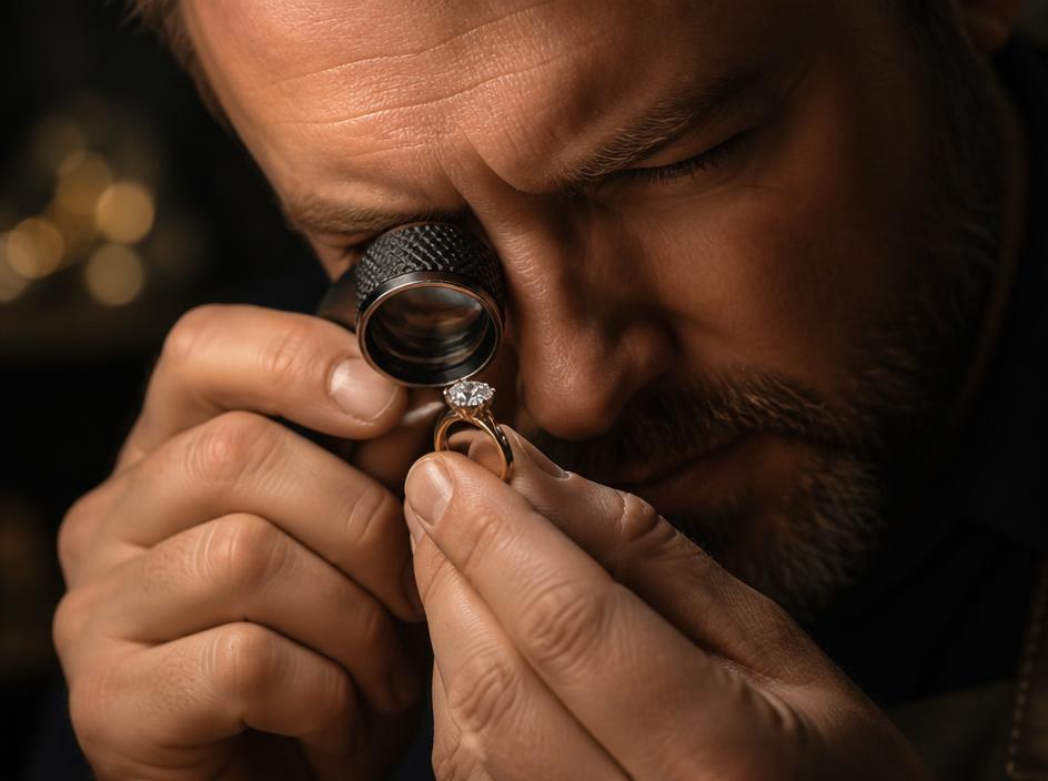 Jeweler inspecting a ring with a loupe
