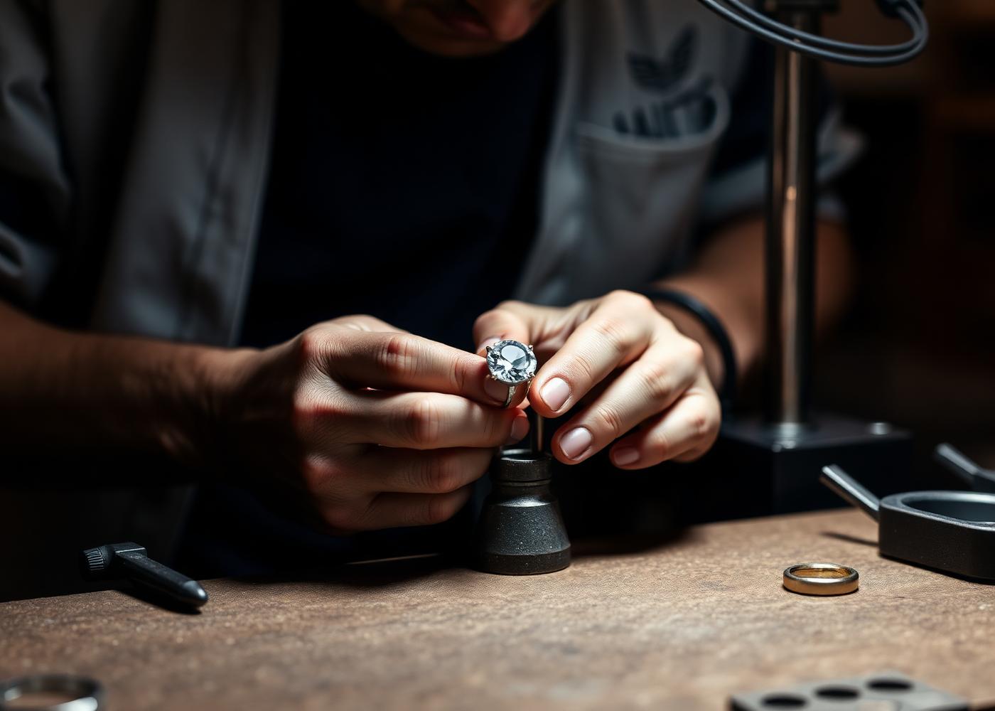 Master jeweler setting a diamond at the bench