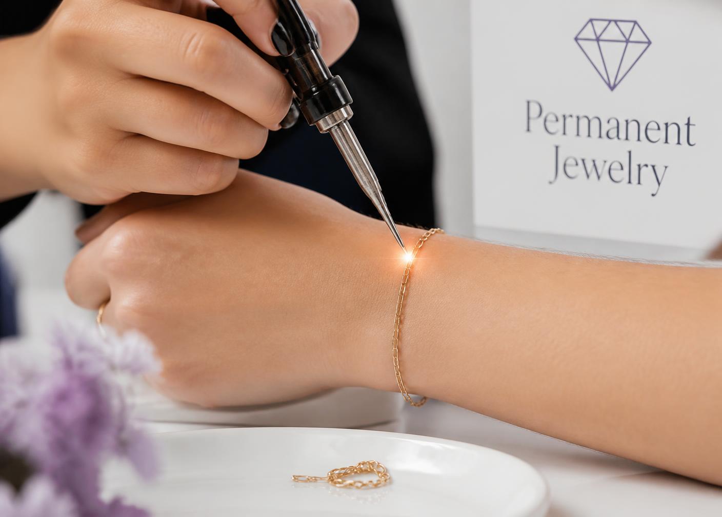 Permanent jewelry being micro-welded onto a wrist